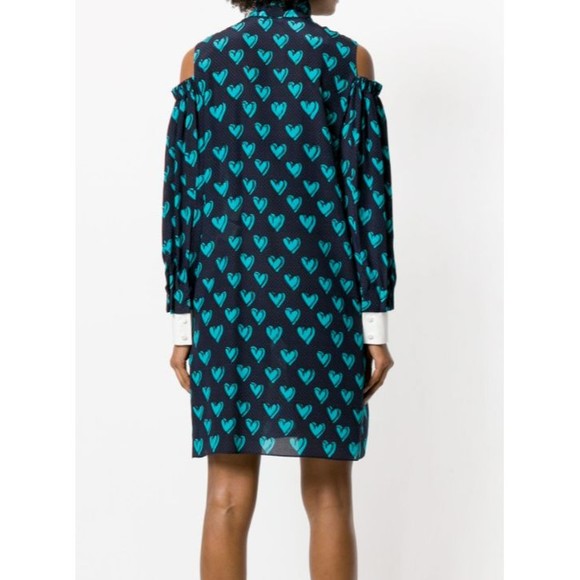 FENDI Navy Blue Heart Print Silk Cotton Cold Shoulder Shirt Dress 4 US 40IT - Picture 2 of 10